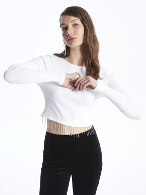 Женская блузка с длинным рукавом и блестящим камнем круглым вырезом длинными рукавами XSIDE, буксе белый Xside