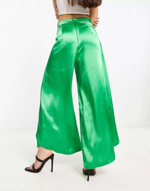 Ярко-зеленые атласные брюки с широкими штанинами и запахом River Island. Цвет: зеленый