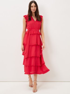 Платье миди с многоуровневым рюшем и оборками Josephina, красная губная помада Phase Eight