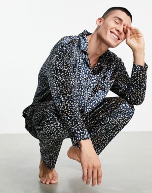 Велюровый домашний пижамный комплект из рубашки и брюк с леопардовым принтом -Разноцветный ASOS DESIGN
