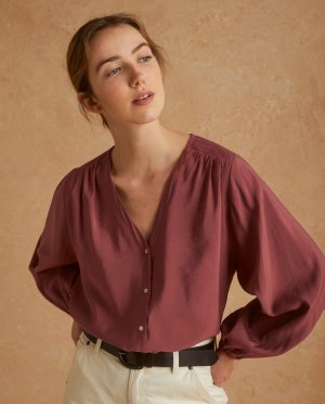 Женская рубашка с V-образным вырезом и рукавами-фонариками , розовый Yerse