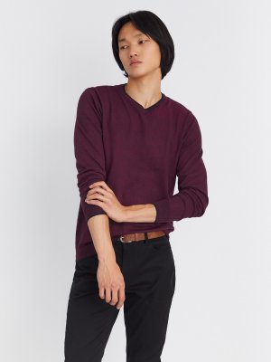 Тонкий трикотажный пуловер с треугольным вырезом и длинным рукавом zolla. Цвет: бордо