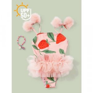 50664, Купальник слитный с юбкой для девочки UPF 50+ на завязках, платье, солнцезащитный, фиолетовый, 104-110 Happy Baby. Цвет: фиолетовый