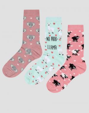 3 пары носков с животными New Look. Цвет: розовый