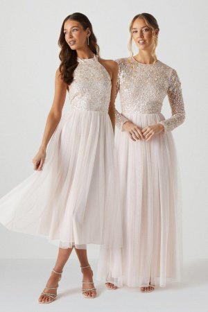 Платье миди для подружек невесты с 3d цветочным декором и воротником-халтер , розовый Coast