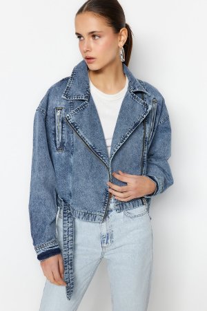 Куртка джинсовая в байкерском стиле с детализацией, синий Trendyol