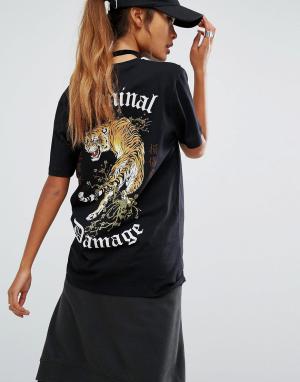 Oversize-футболка с принтом тигра сзади Criminal Damage. Цвет: черный