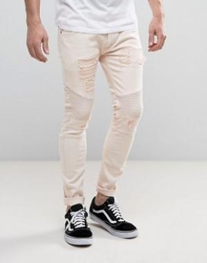 Зауженные байкерские джинсы с рваной отделкой Soul Star. Цвет: розовый