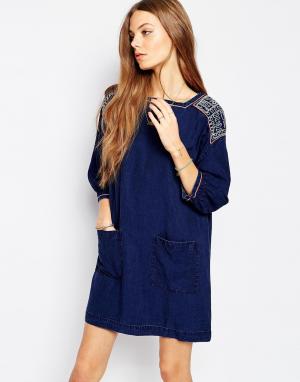 Джинсовое платье‑туника с вышивкой M.i.h Jeans MiH. Цвет: синий