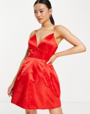 Красное атласное структурированное платье мини с расклешенной юбкой -Красный Jarlo