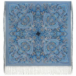Платок ,148х148 см, белый, синий Павловопосадская платочная мануфактура. Цвет: синий/голубой/черный/коралловый