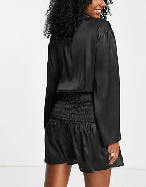 Черное летнее платье-рубашка с большой сборкой на талии Esmee Exclusive Esmée