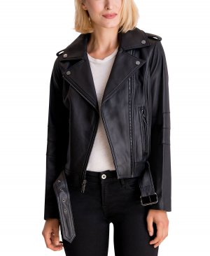 Женское кожаное байкерское пальто с поясом, созданное для macy's , черный Michael Kors