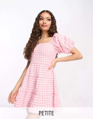 Пляжное платье розового цвета в мелкую клетку с квадратным вырезом и пышными рукавами Petite Influence