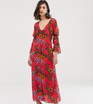 Платье макси с цветочным принтом и сборкой -Красный Dusty Daze