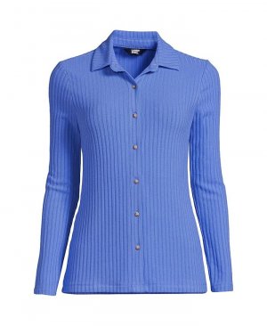 Женская рубашка поло с длинными рукавами и широкими пуговицами в рубчик спереди больших размеров Lands' End, синий Lands' End