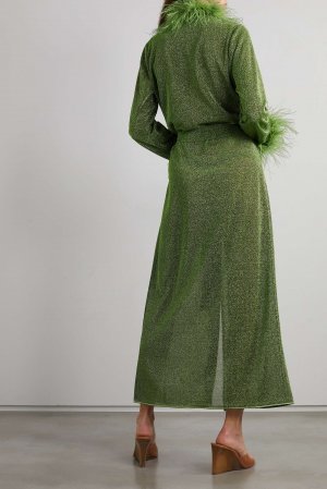 OSÉREE вязаный халат Lumière с эффектом металлик и перьями, зеленый