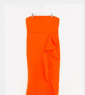 Оранжевое платье-бандо миди с оборкой -Оранжевый цвет True Violet Plus