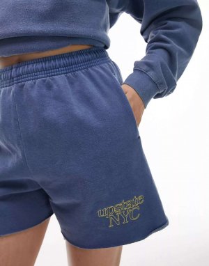 Темно-синие шорты-джоггеры Co-ord Upstate NYC с вышивкой в ​​винтажном стиле и необработанным краем Topshop