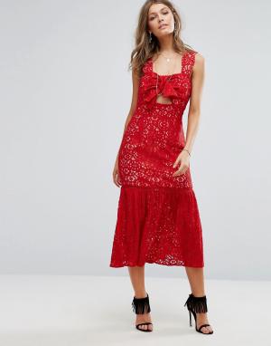 Кружевное платье миди с бантом спереди -Красный Foxiedox