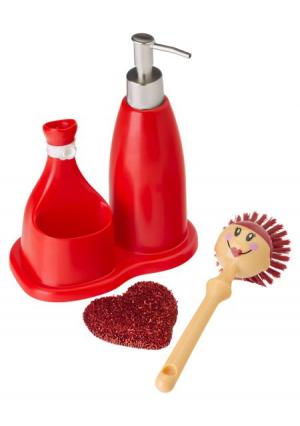Щетка для посуды, губка и дозатор на подставке Dolls (4 пр.) VIGAR. Цвет: красный