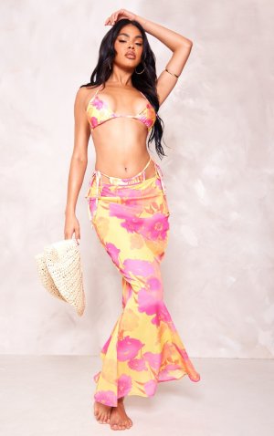 Розовая пастельная объемная шифоновая пляжная макси-юбка с цветочным принтом «рыбий хвост» PrettyLittleThing