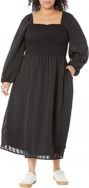 Платье миди Lucie Plus Emine с длинными рукавами и рюшами — в полоску из жатого хлопка , цвет True Black Madewell
