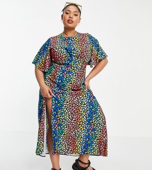 Эксклюзивное платье миди с расклешенными рукавами и разноцветным леопардовым принтом -Multi John Zack Plus