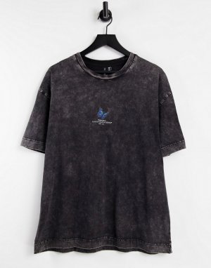 Черная oversized-футболка с эффектом кислотной стирки и принтом маленькой бабочки на груди -Черный цвет Good For Nothing