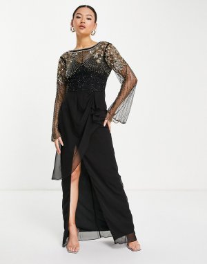 Черное платье макси с длинными рукавами, юбкой запахом и декоративной отделкой Raina-Черный цвет Virgos Lounge