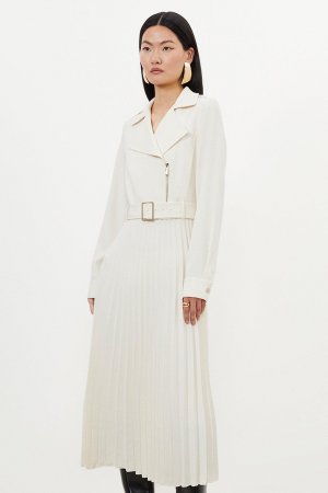Платье-рубашка миди с плиссированной юбкой из крепа и поясом на заказ , белый Karen Millen