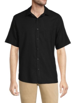 Рубашка на пуговицах с короткими рукавами из смесового льна , черный Saks Fifth Avenue