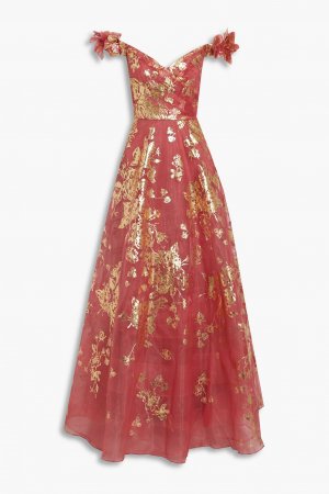 Платье из органзы с открытыми плечами и цветочным принтом MARCHESA NOTTE, коралловый Notte