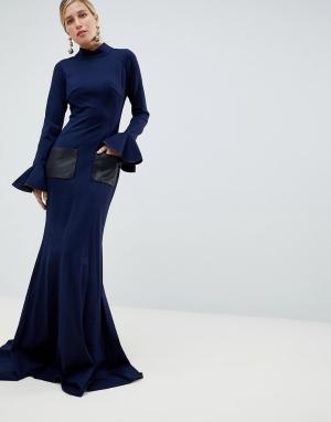 Платье макси с высокой горловиной и длинными рукавами -Темно-синий Jovani