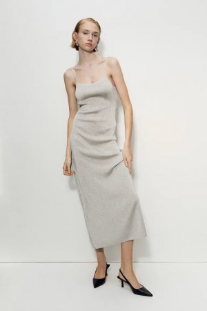 Сверкающее длинное платье тонкой вязки , серый H&M