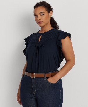 Женская блузка больших размеров из джерси с кружевной отделкой и развевающимися рукавами , темно-синий Lauren Ralph