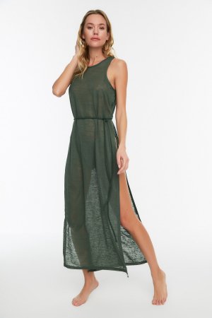 Вязаное пляжное платье цвета хаки с глубоким разрезом TBESS21EL2991 Trendyol