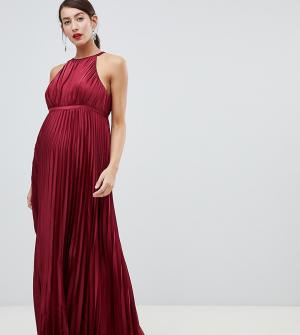 Бордовое атласное платье макси с высоким воротом для беременных -Красный Chi London Maternity