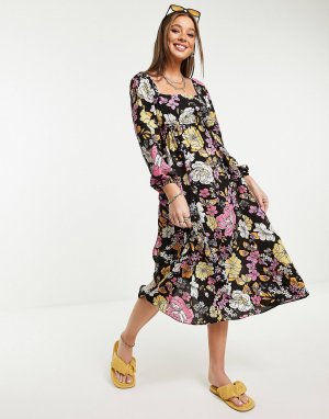 Разноцветное платье миди большого размера с цветочным принтом и пуговицами спереди Miss Selfridge