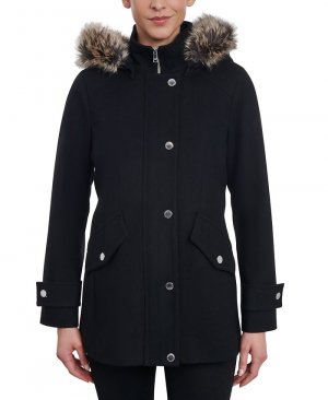 Женское полушерстяное пальто с отделкой из искусственного меха капюшоном , черный London Fog