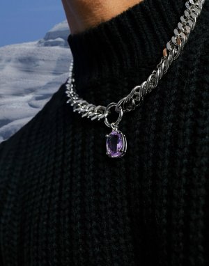 Серебристое ожерелье-цепочка с крупными звеньями и подвеской сиреневым искусственным камнем -Серебряный ASOS DESIGN