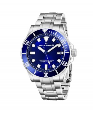 Мужские часы Vathos серебристого цвета из нержавеющей стали, синий циферблат, круглые 42 мм Alexander
