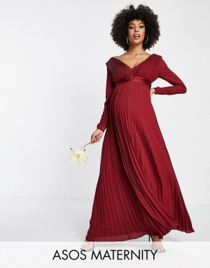Бордовое плиссированное платье макси с длинными рукавами и атласной талией DESIGN Maternity Bridesmaid Asos