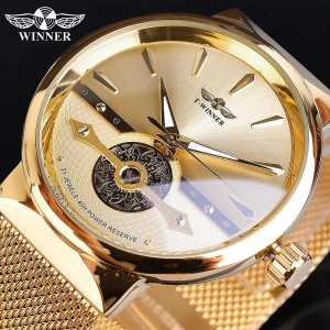 2022 Новые автоматические мужские механические часы с золотым сетчатым ремнем, повседневные модные водонепроницаемые WINNER