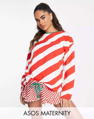 Красно-белый комплект из толстого трикотажа и короткой пижамы в рождественскую полоску с напуском ASOS DESIGN Maternity