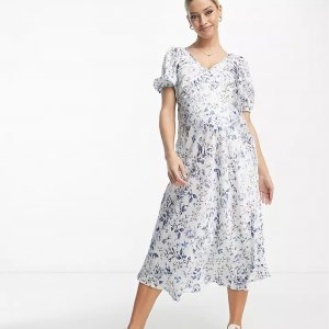 Атласное платье миди с завязками на спине и пышными рукавами для беременных синего цвета цветочным принтом New Look