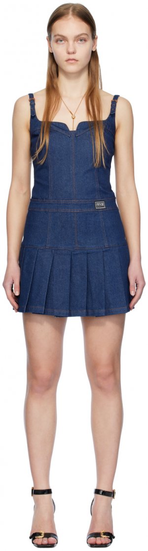 Джинсовое мини-платье индиго со складками Versace Jeans Couture