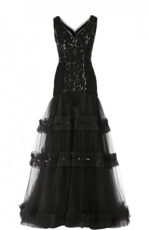 Шелковое вечернее платье с вышивкой стразами Oscar de la Renta. Цвет: черный