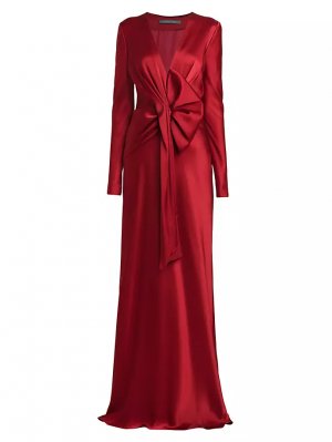 Атласное платье со сборками и длинными рукавами, красный Alberta Ferretti