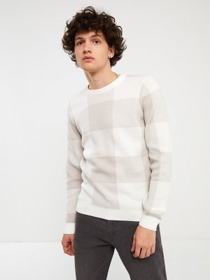 Мужской вязаный свитер в клетку с круглым вырезом и длинными рукавами , цвет камня LCW Casual
